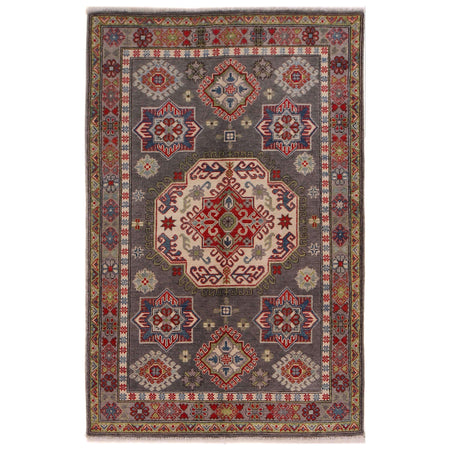 Kazak Rug Handmade Gray Medallion 4x6 ft