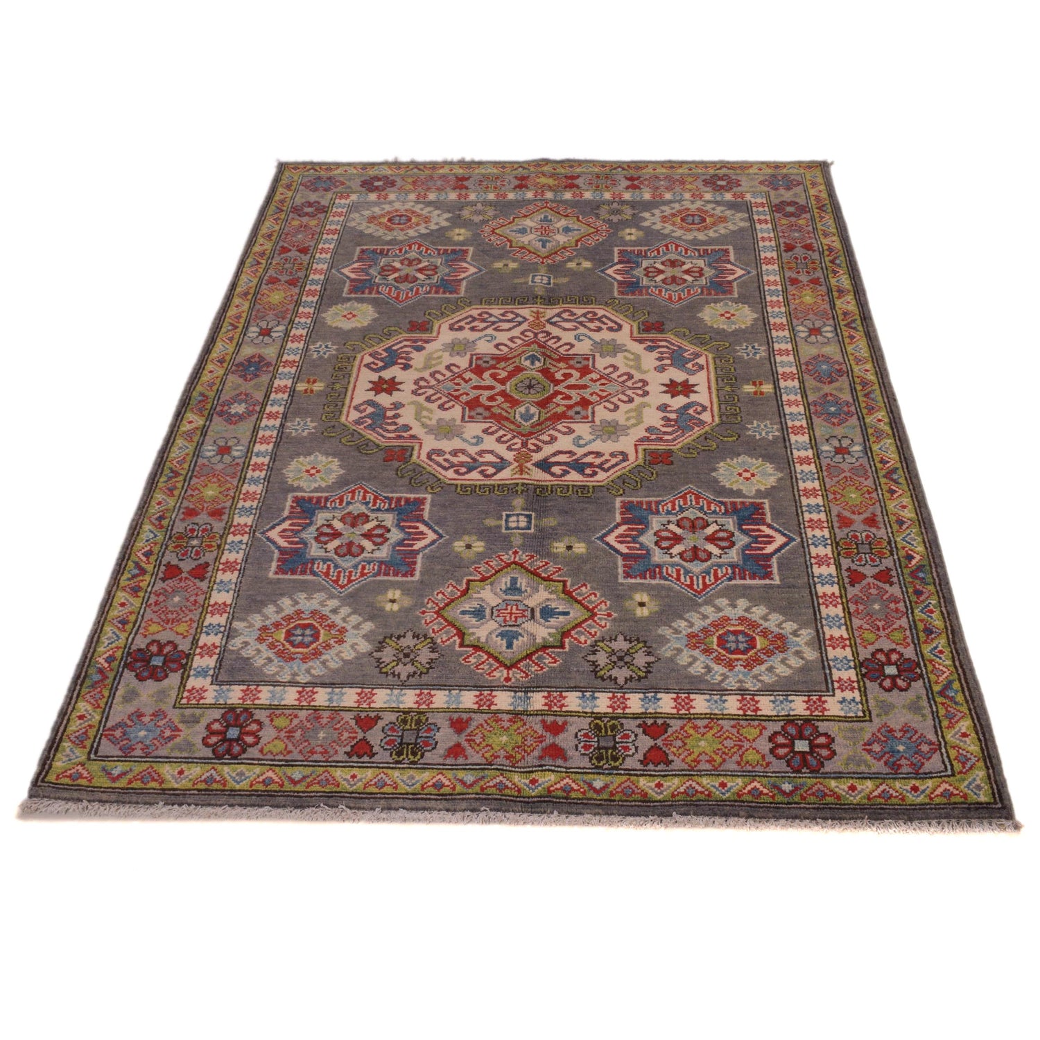 Kazak Rug Handmade Gray Medallion 4x6 ft