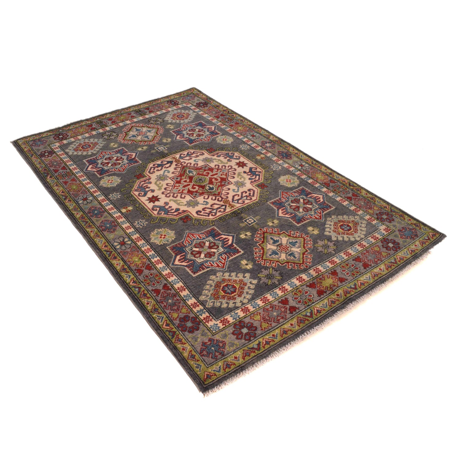 Kazak Rug Handmade Gray Medallion 4x6 ft