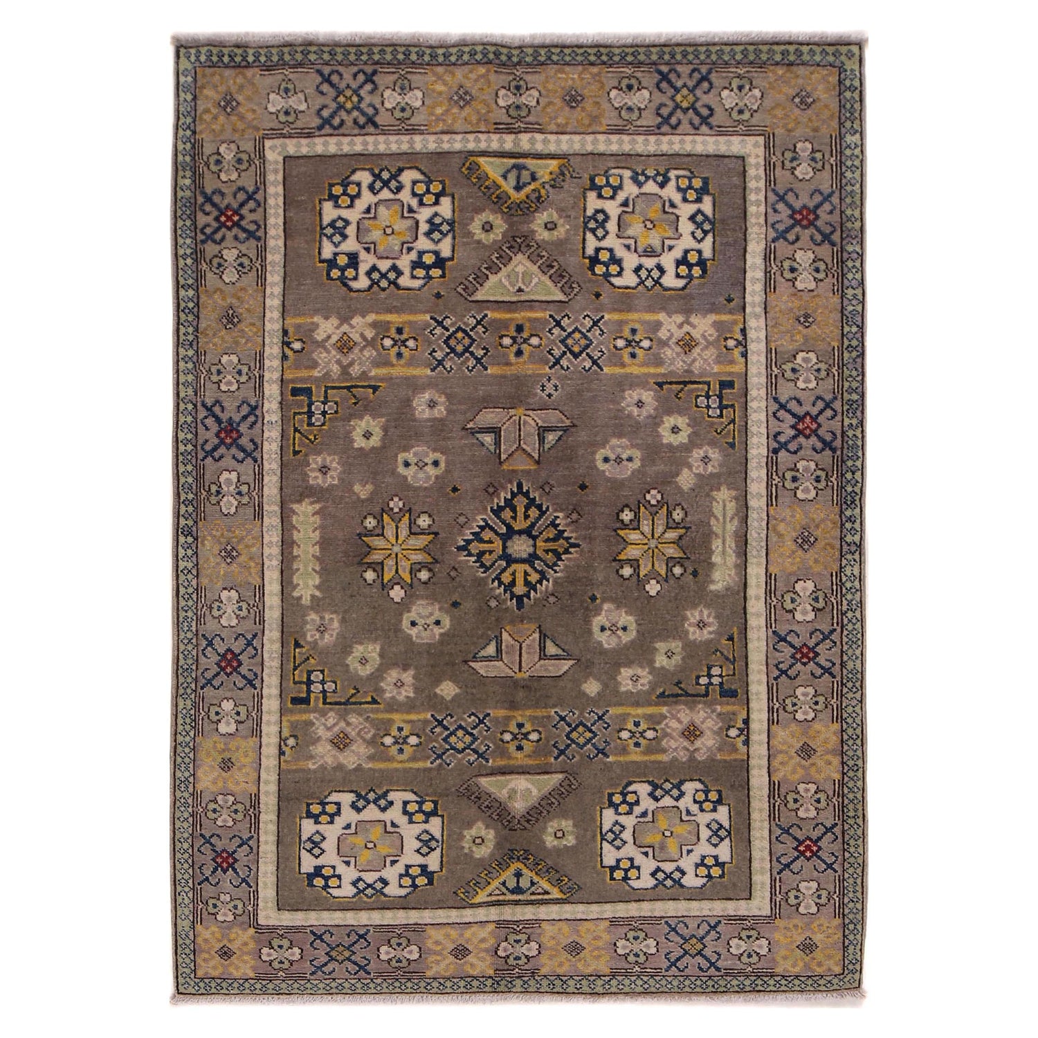 Kazak Rug Handmade Gray Medallion 4x6 ft