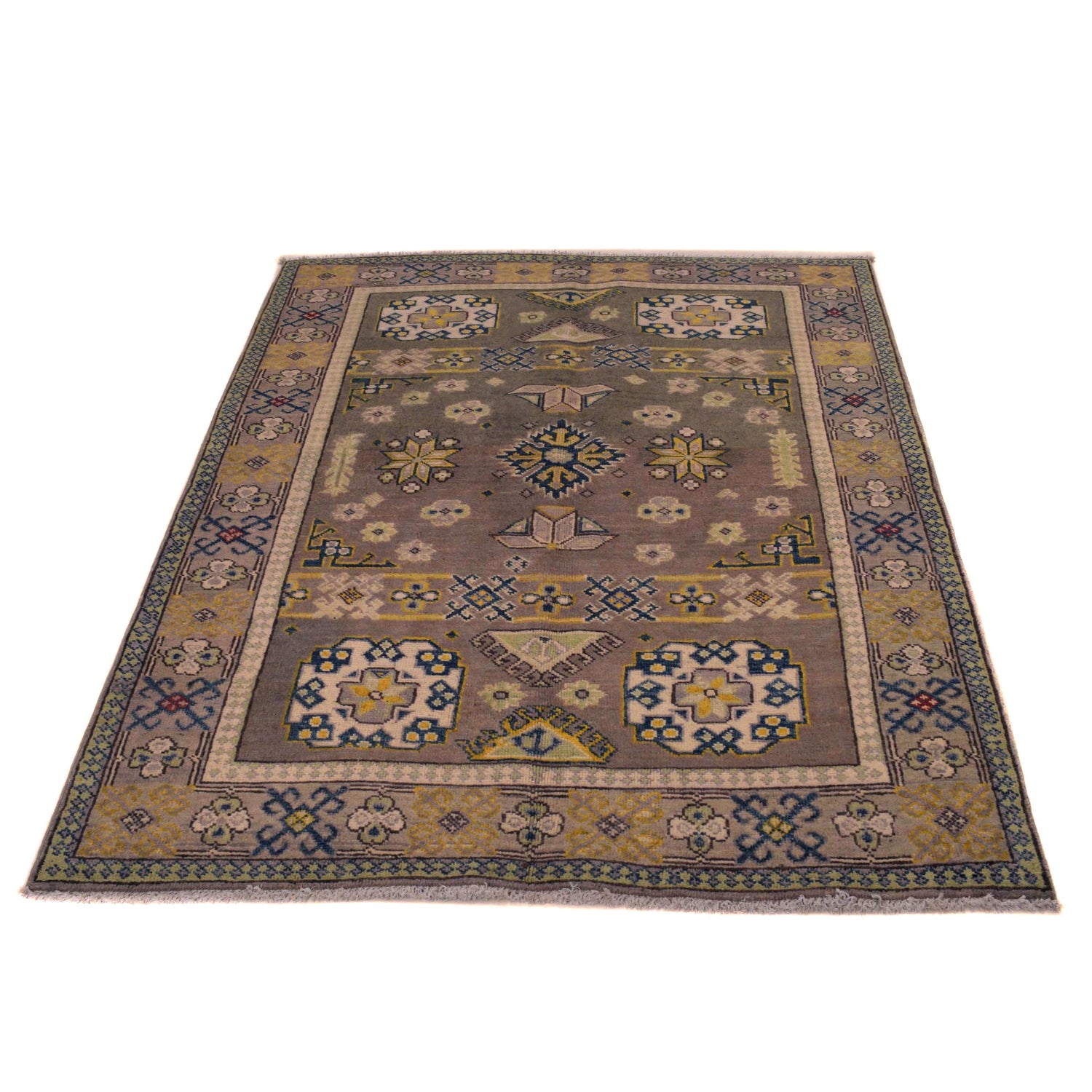Kazak Rug Handmade Gray Medallion 4x6 ft