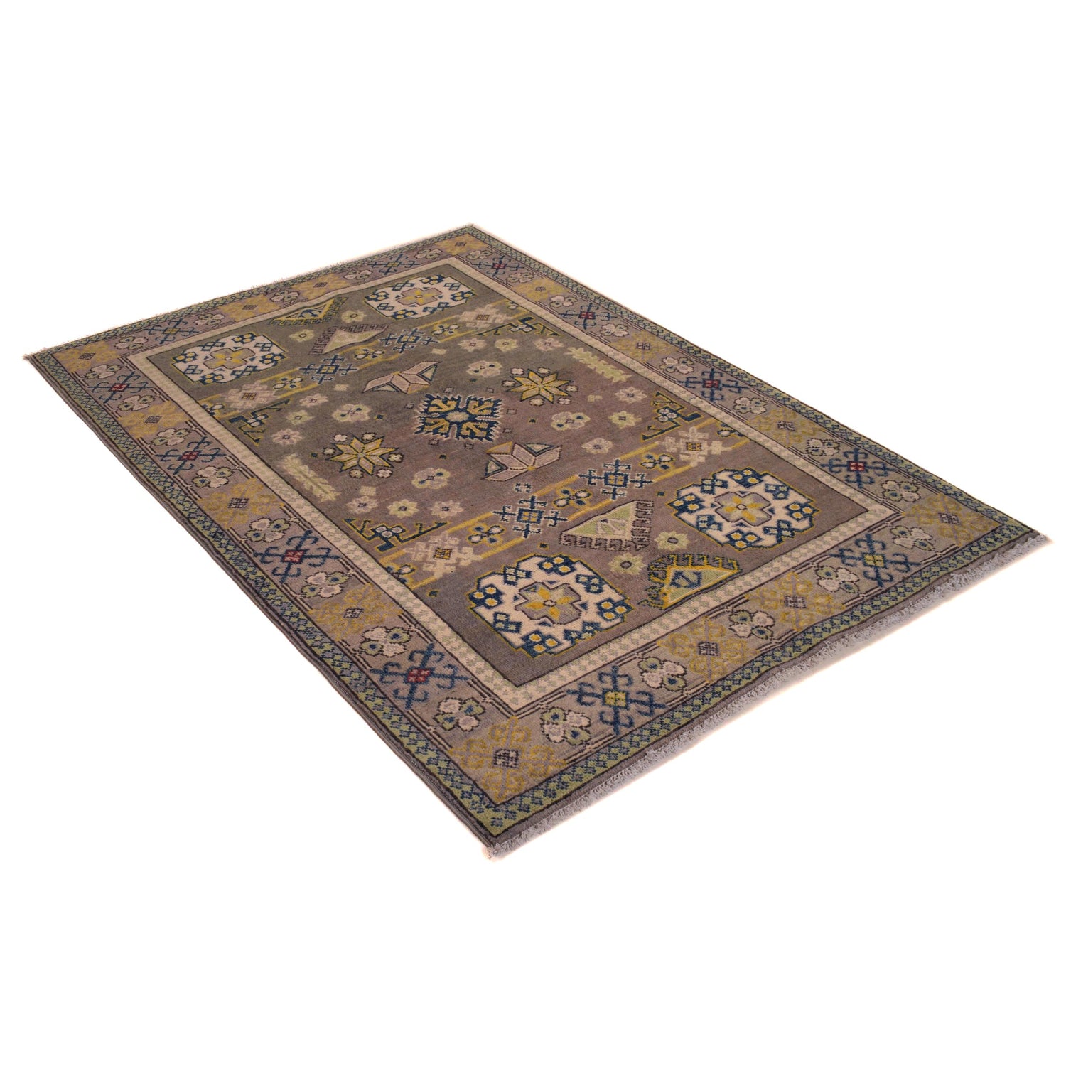 Kazak Rug Handmade Gray Medallion 4x6 ft