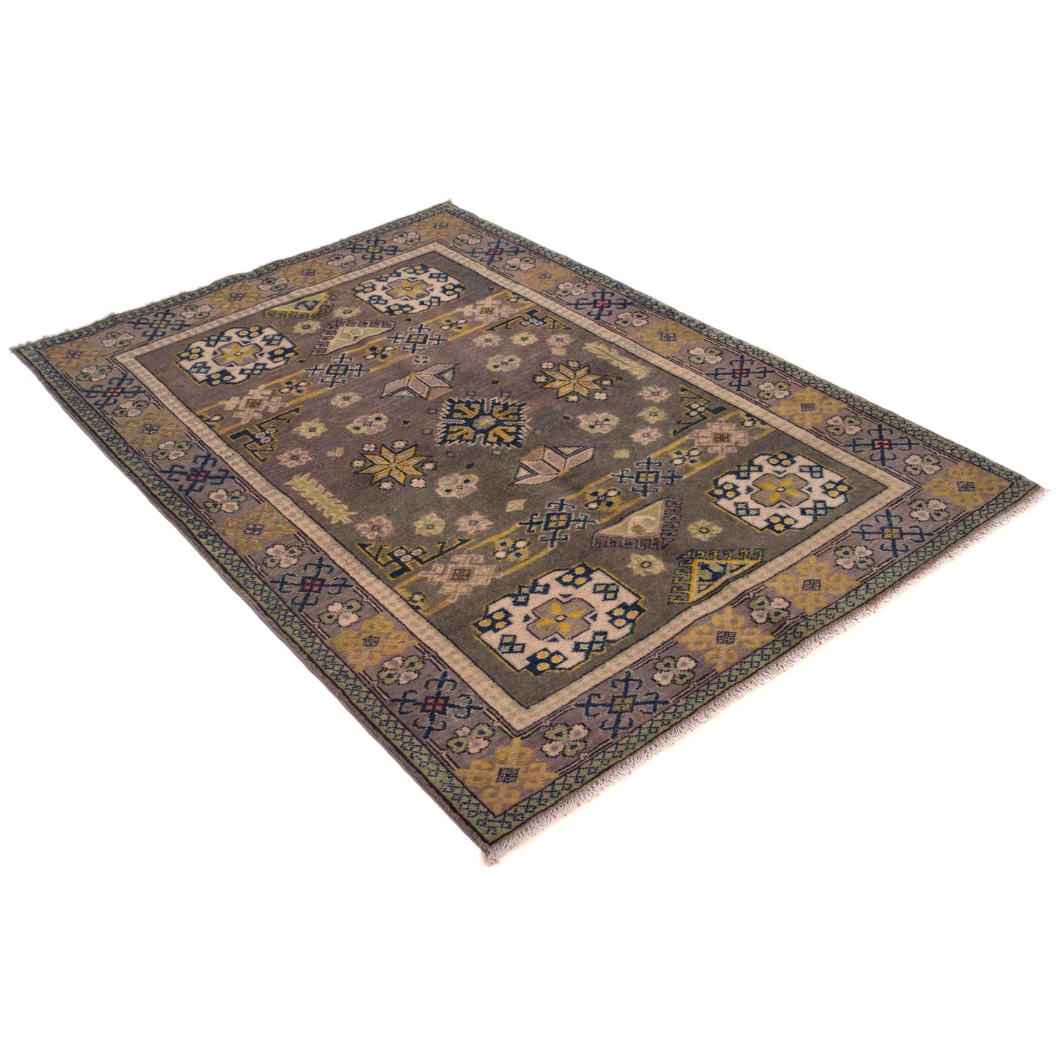 Kazak Rug Handmade Gray Medallion 4x6 ft