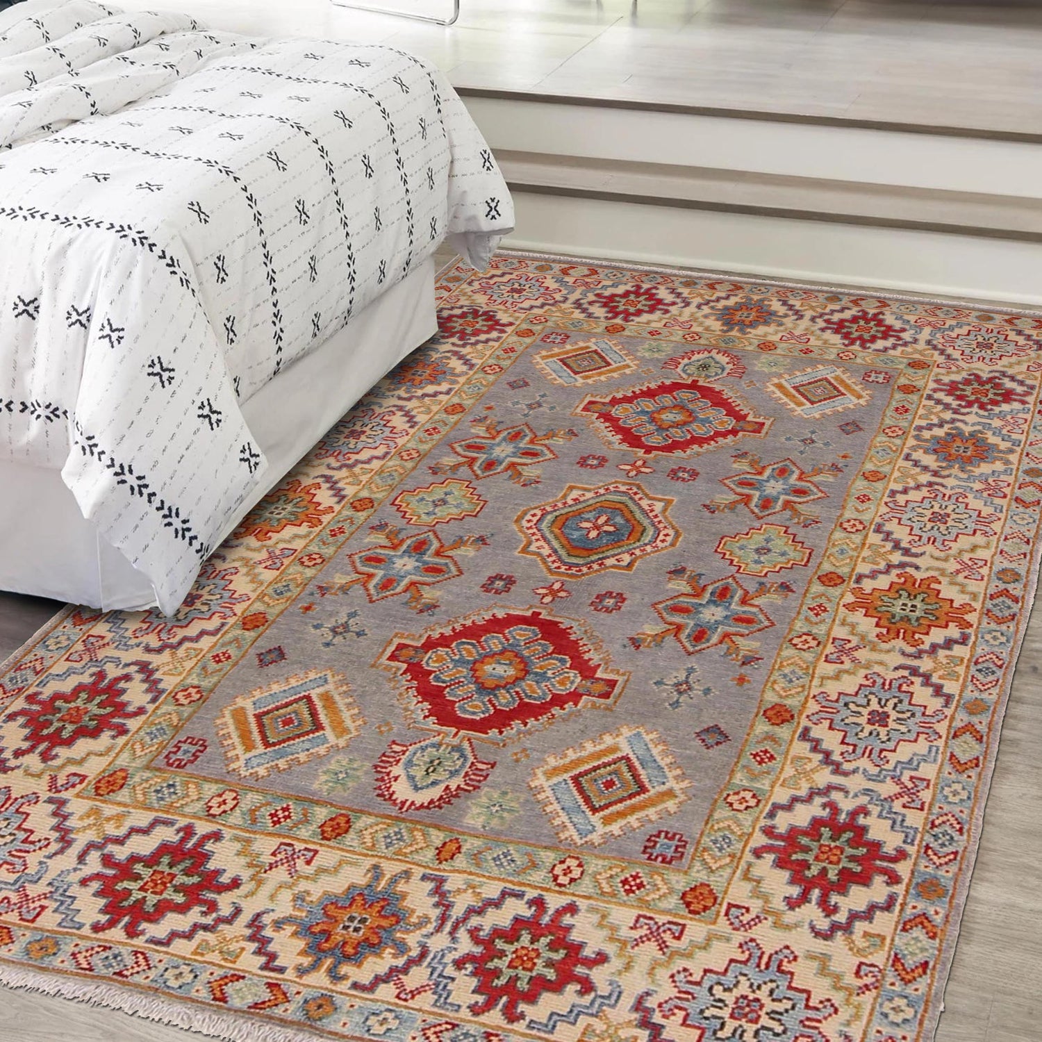 Kazak Rug Handmade Gray Medallion 3x5 ft
