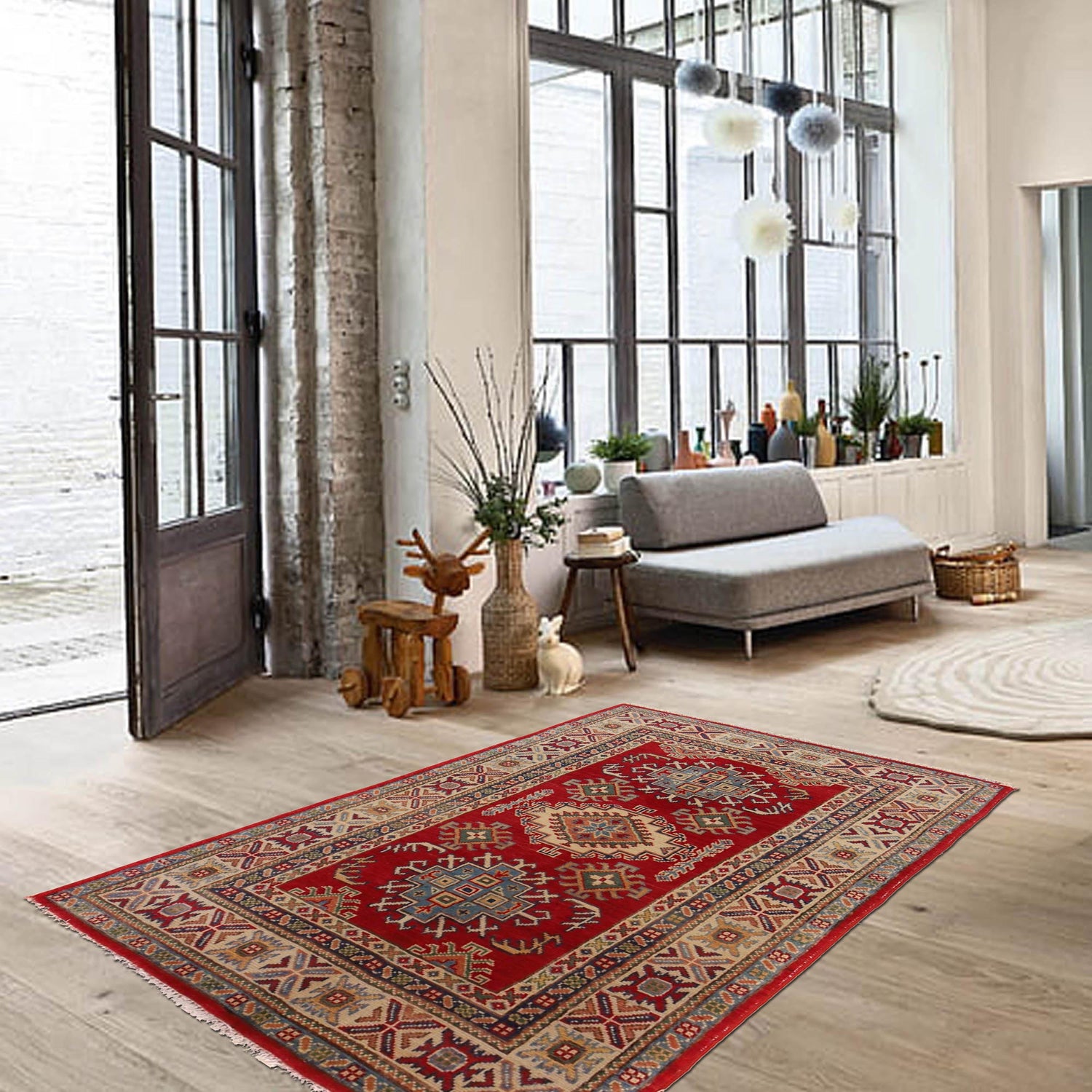 Kazak Rug Handmade Red Medallion 3x5 ft