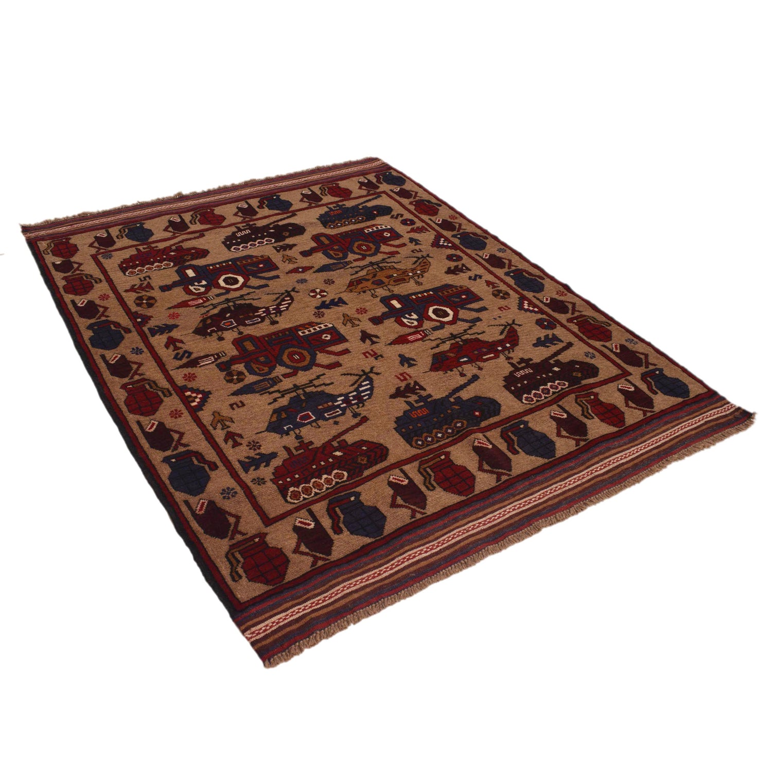 War Area Rug Handmade Brown Tank + Helicopter 4x6 ft