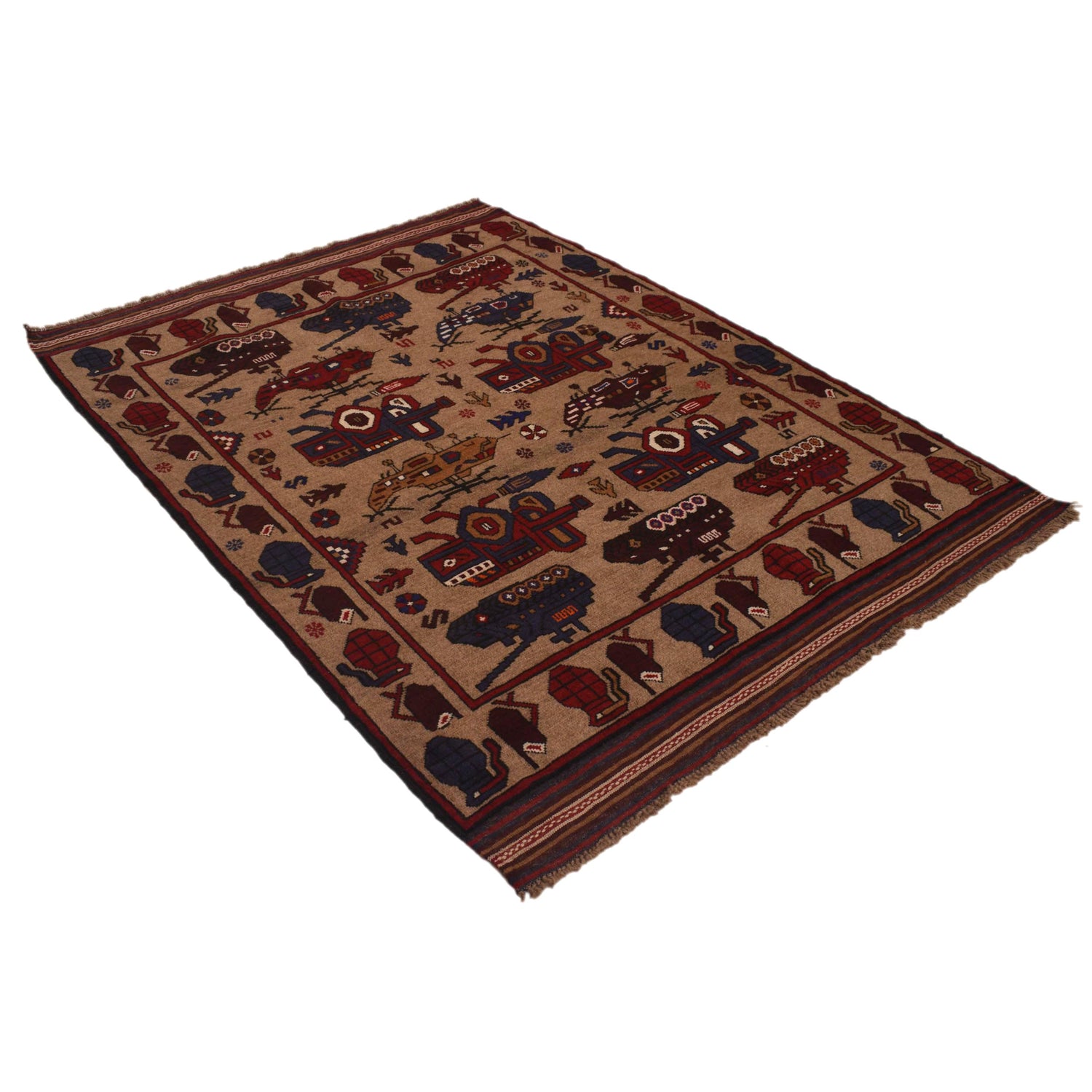 War Area Rug Handmade Brown Tank + Helicopter 4x6 ft