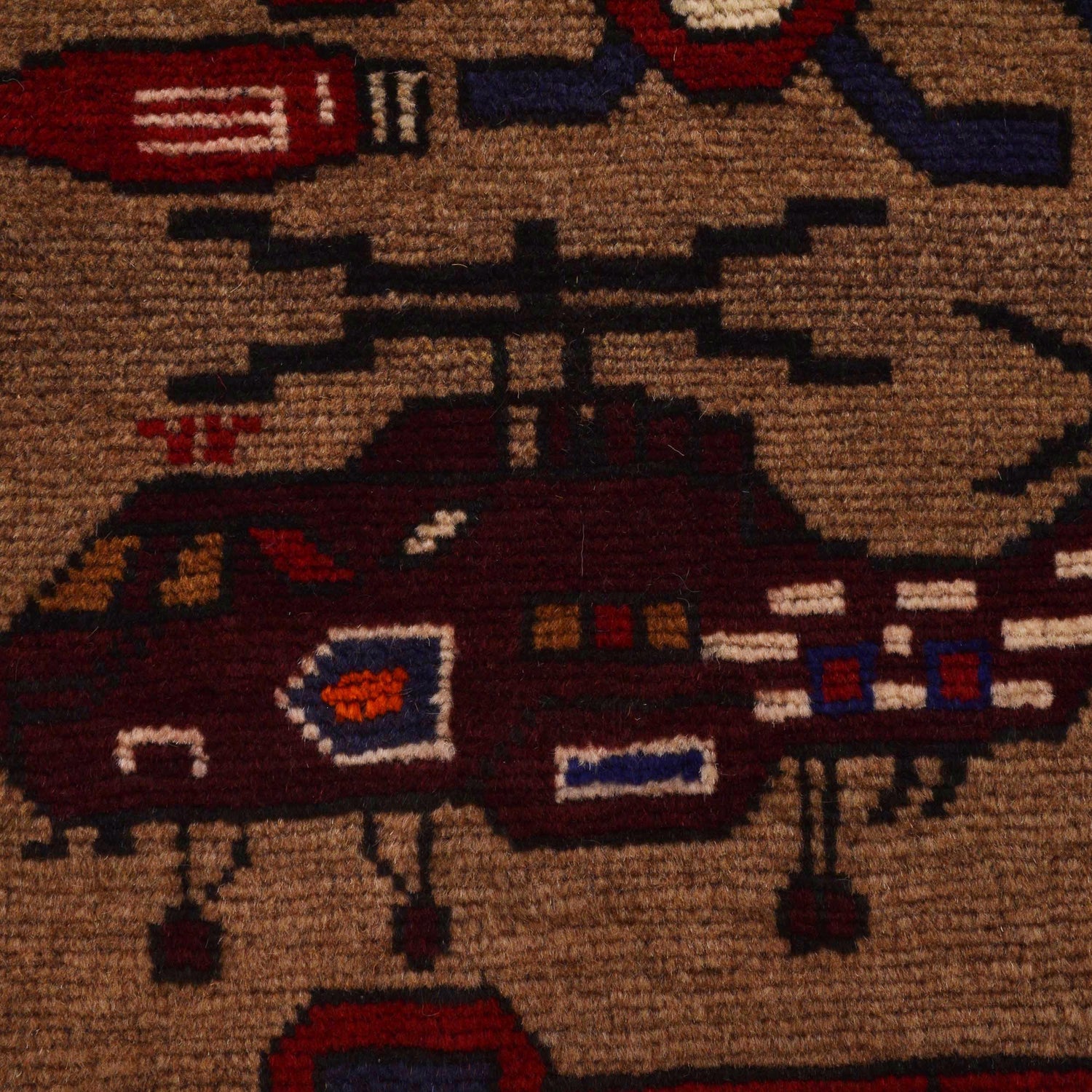 War Area Rug Handmade Brown Tank + Helicopter 4x6 ft