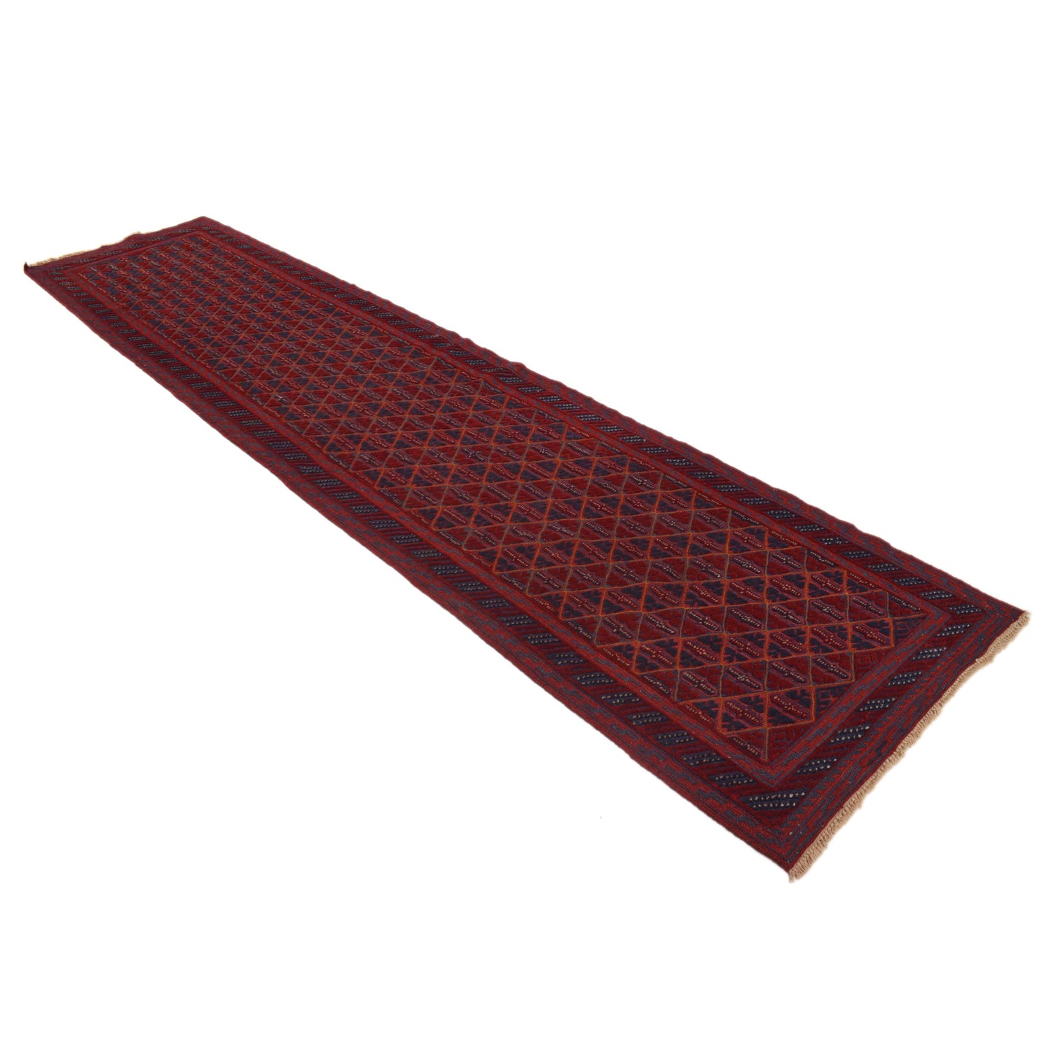 Hand-Knotted Red Geometric Mashwani Area Rug Runner – 2' 8" x 12' 0" ft (81 x 366 cm) | SKU: W34372