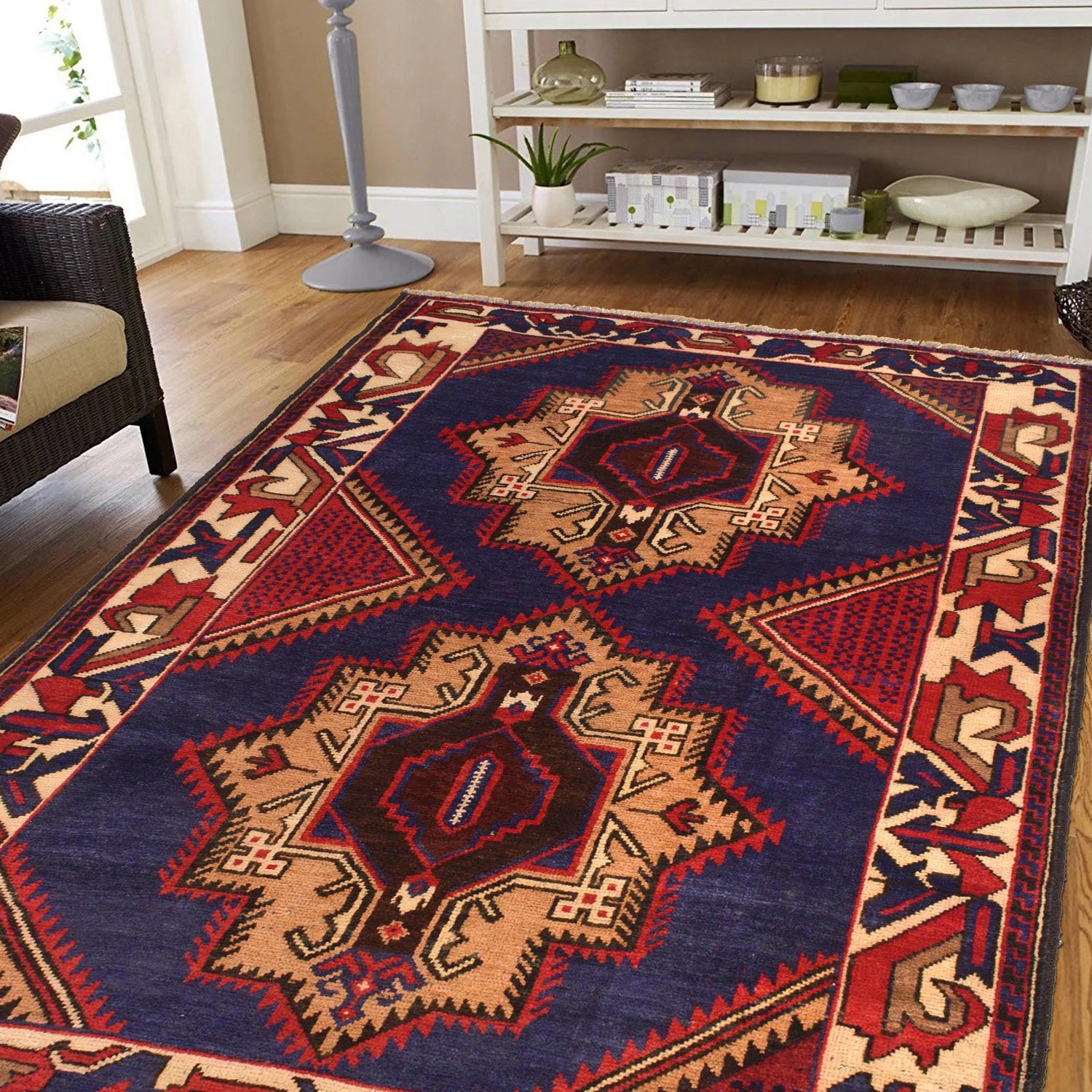 Baluchi Rug Handmade Blue Geometric 4x6 ft
