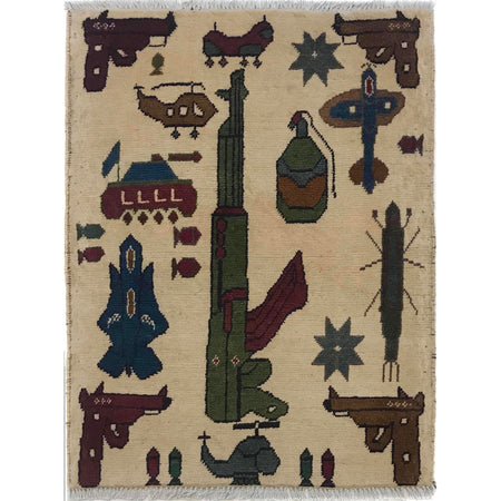 War Area Rug Handmade Beige Helicopter + Tanks + Grenade 2