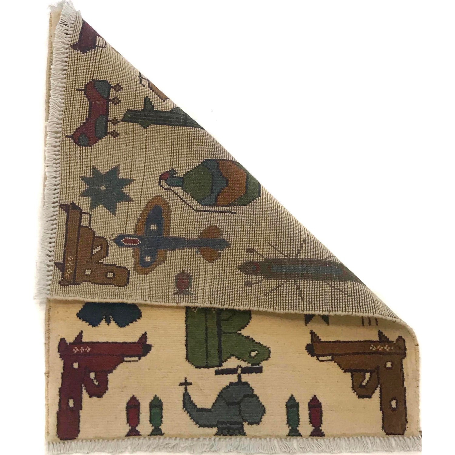 War Area Rug Handmade Beige Helicopter + Tanks + Grenade 2