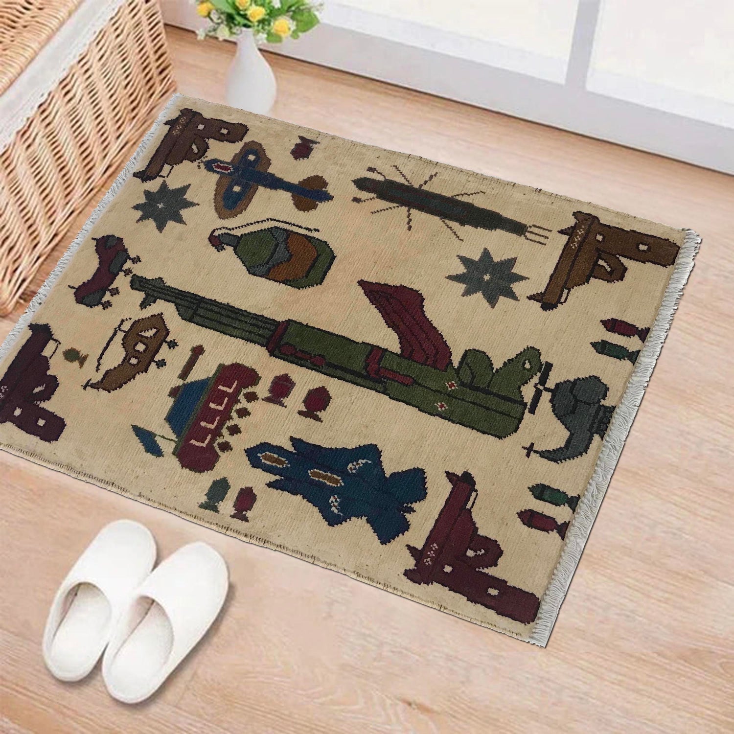 War Area Rug Handmade Beige Helicopter + Tanks + Grenade 2
