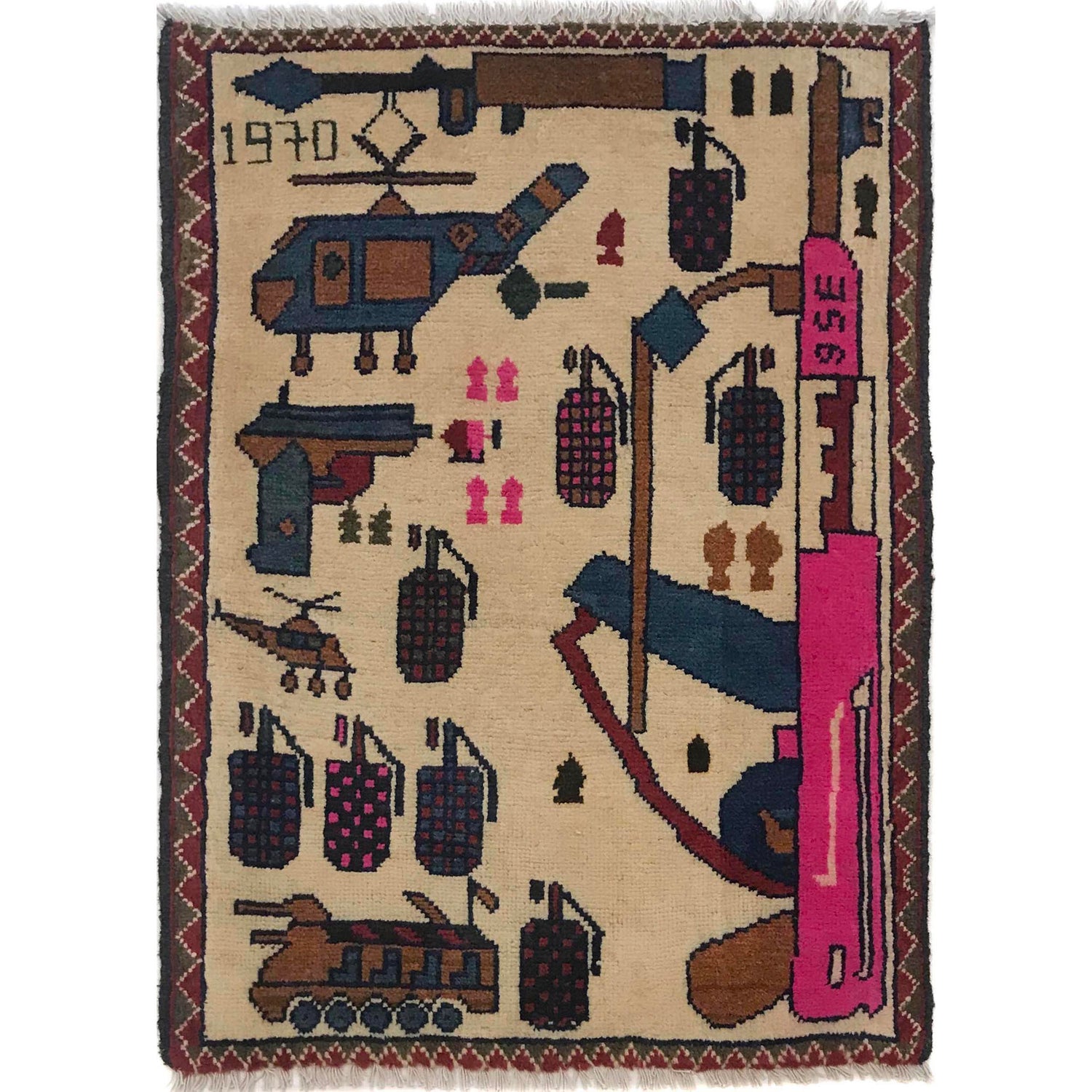 War Area Rug Handmade Beige Helicopter + Tanks + Grenade +