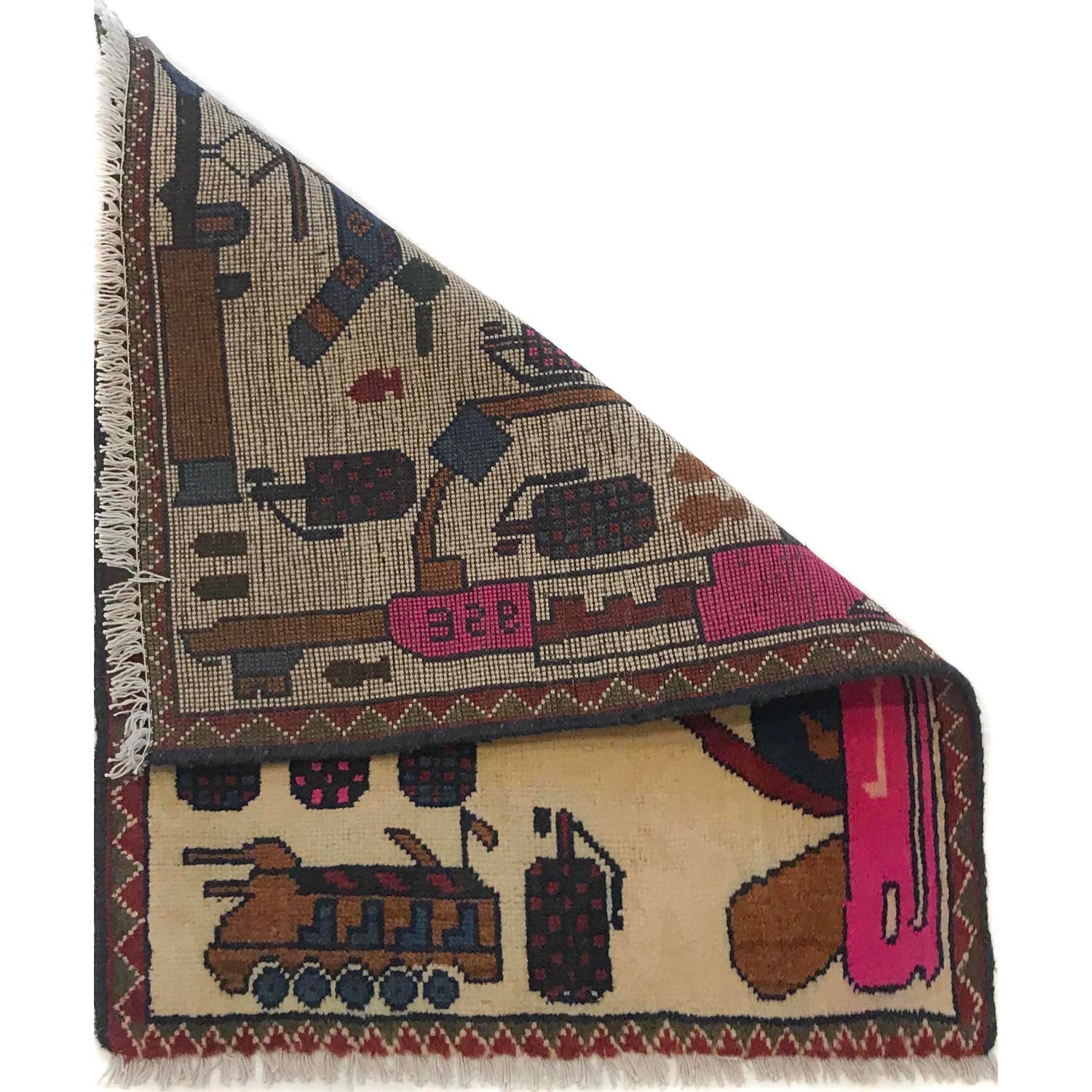 War Area Rug Handmade Beige Helicopter + Tanks + Grenade +