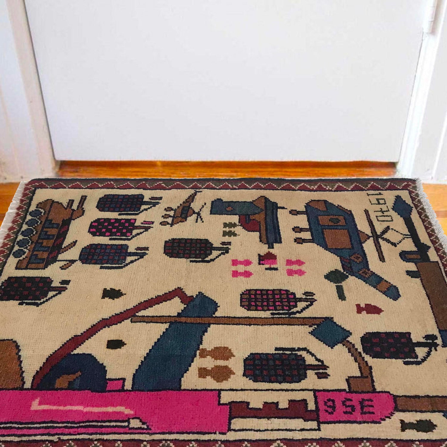 War Area Rug Handmade Beige Helicopter + Tanks + Grenade +