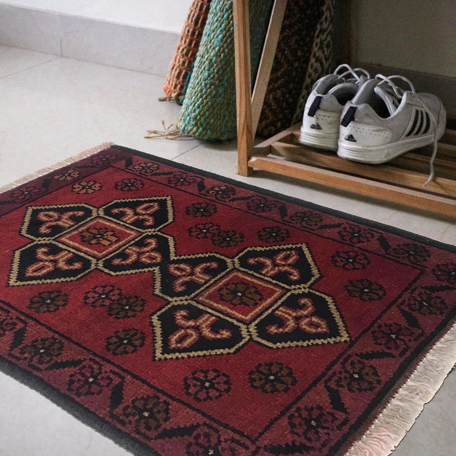 Handmade Wool Doormat Red Floral