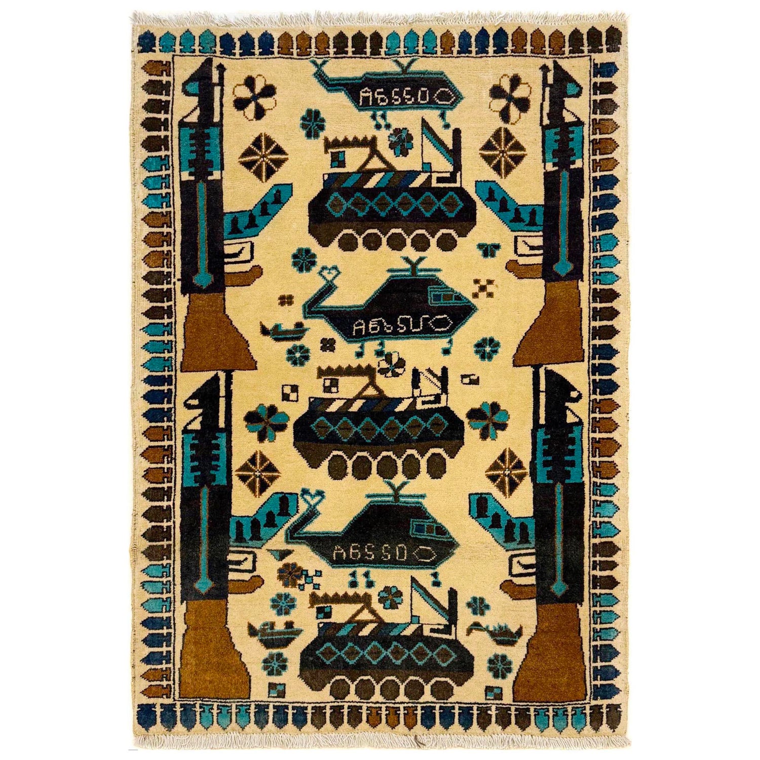 War Area Rug Handmade Beige Riffle + Tank + Helicopter 2x4