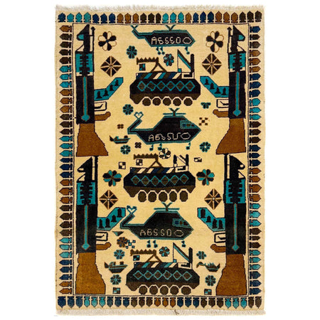 War Area Rug Handmade Beige Riffle + Tank + Helicopter 2x4