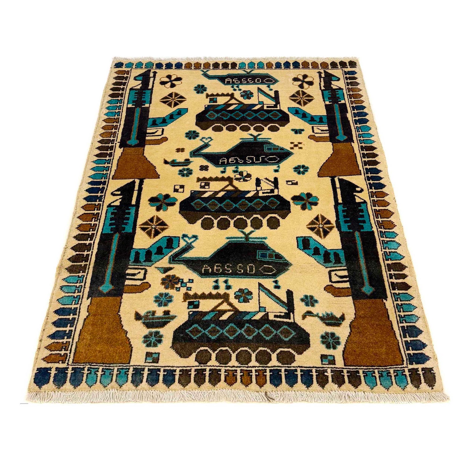 War Area Rug Handmade Beige Riffle + Tank + Helicopter 2x4