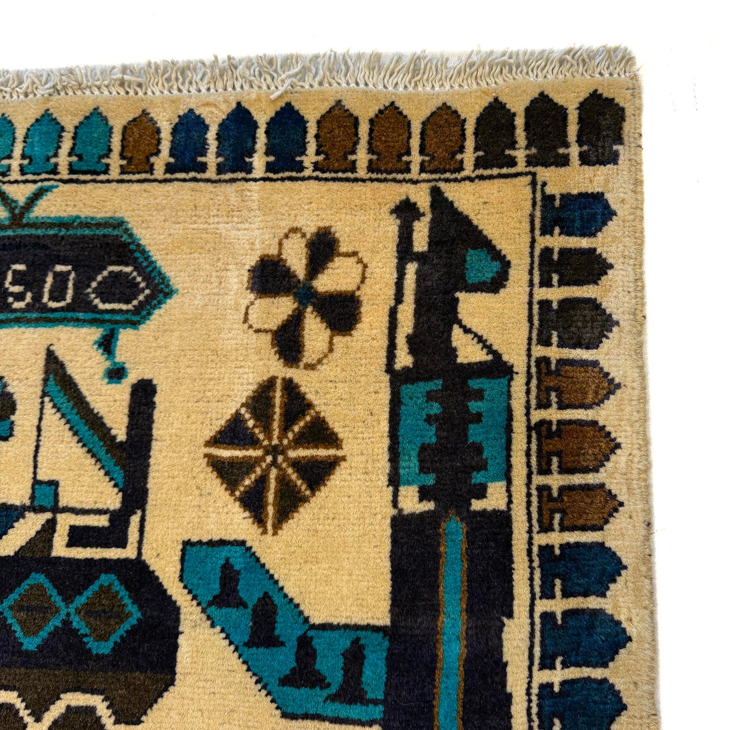 War Area Rug Handmade Beige Riffle + Tank + Helicopter 2x4