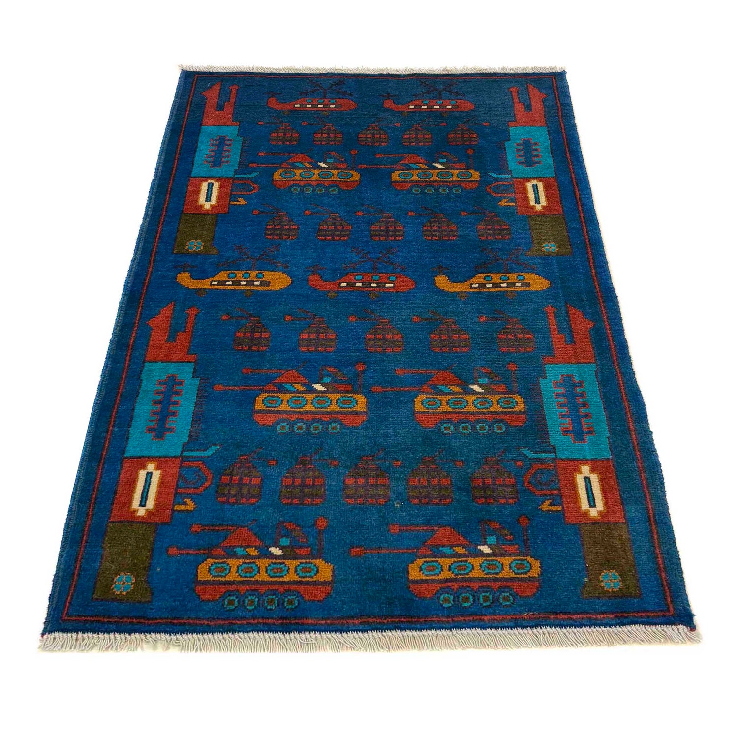 War Area Rug Handmade Blue Tank + Helicopter + Grenade 2x4