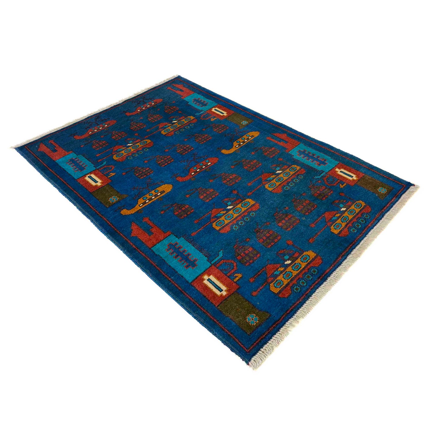 War Area Rug Handmade Blue Tank + Helicopter + Grenade 2x4