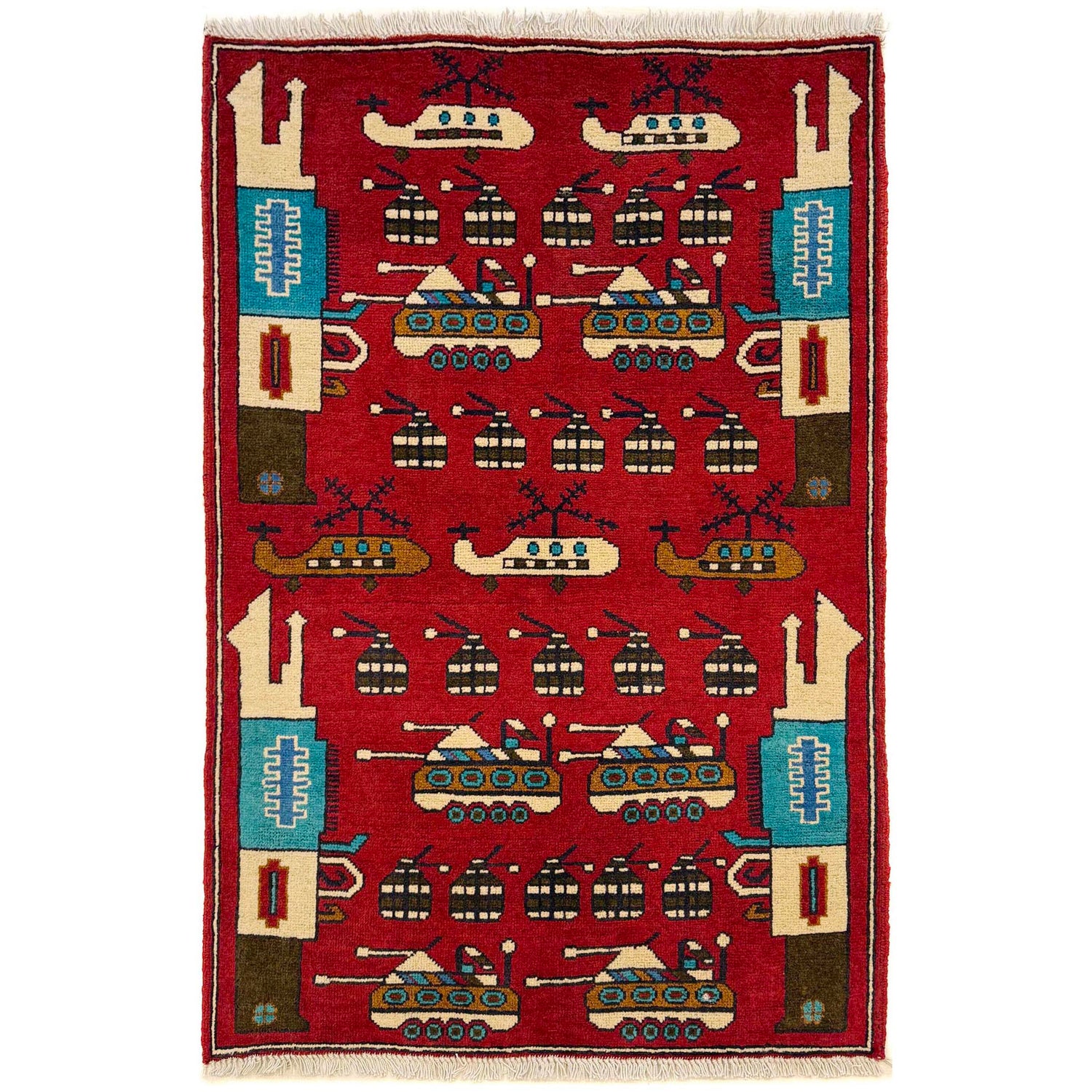 War Area Rug Handmade Red Riffle + Tank + Helicopter +