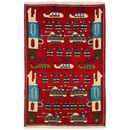 War Area Rug Handmade Red Riffle + Tank + Helicopter +