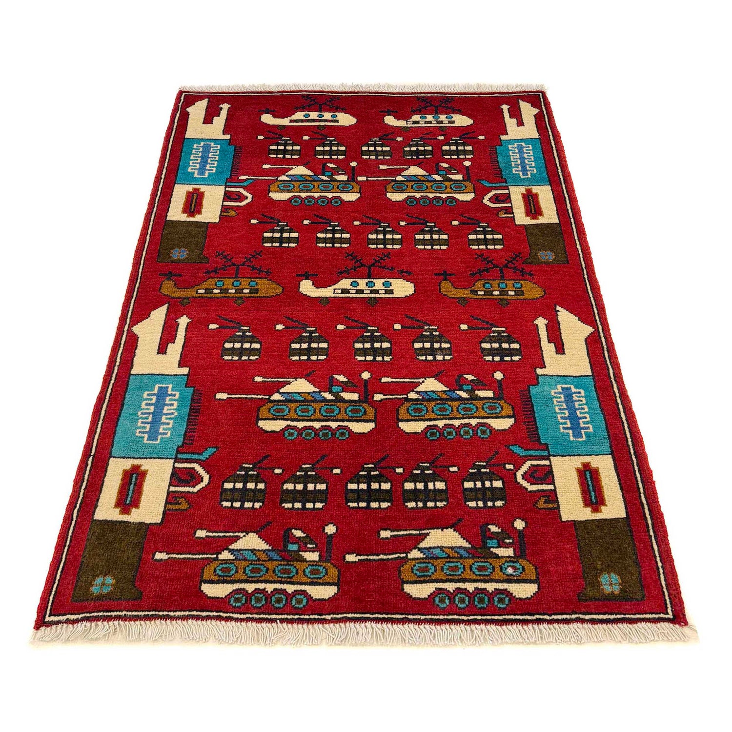 War Area Rug Handmade Red Riffle + Tank + Helicopter +