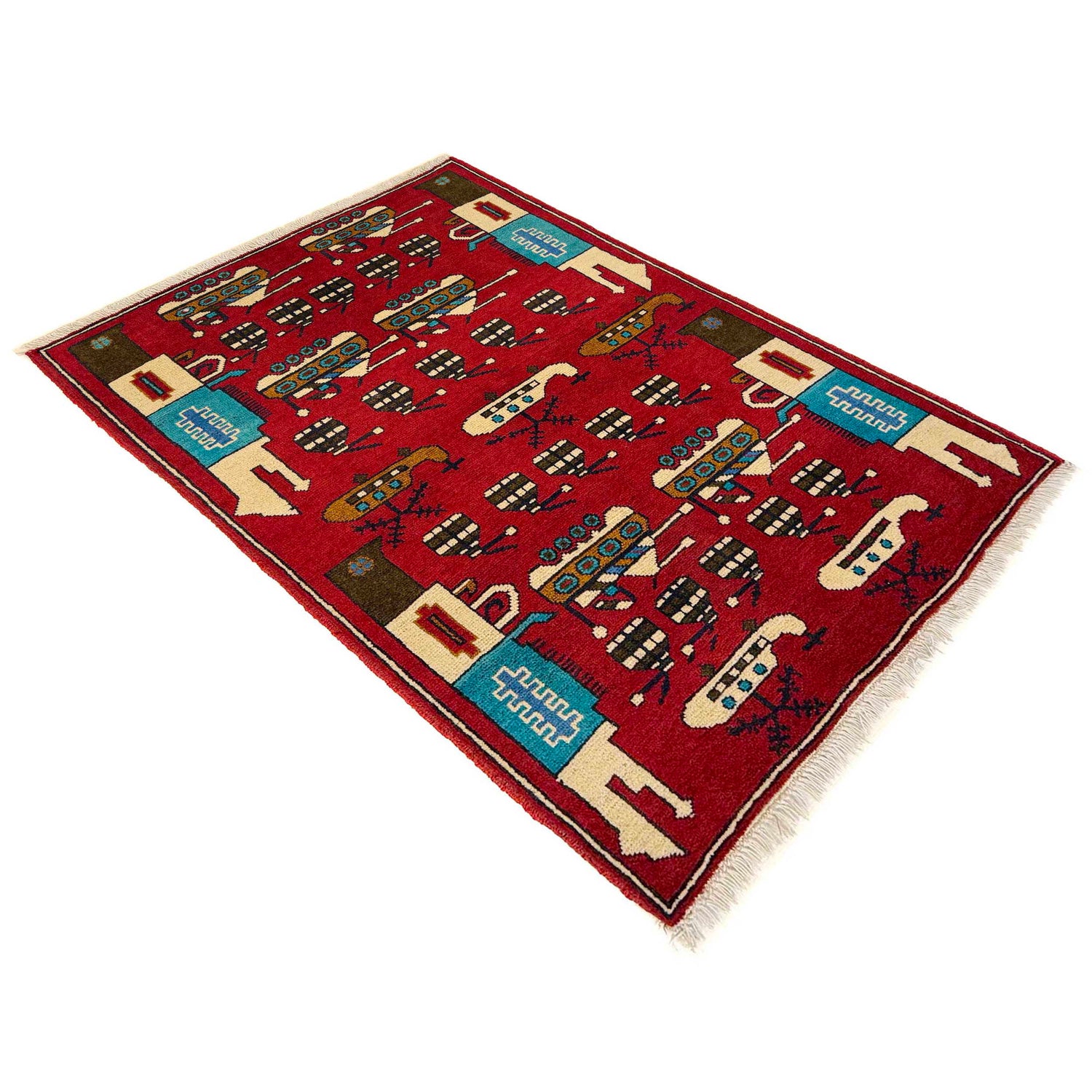 War Area Rug Handmade Red Riffle + Tank + Helicopter +