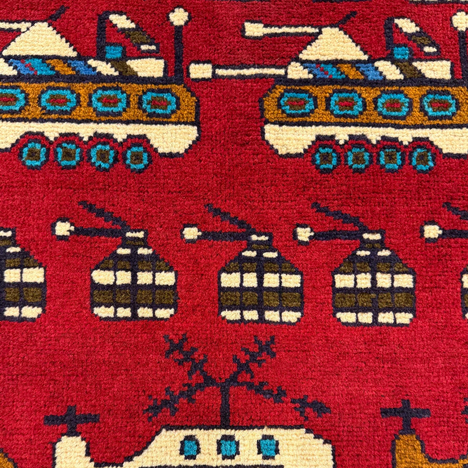 War Area Rug Handmade Red Riffle + Tank + Helicopter +