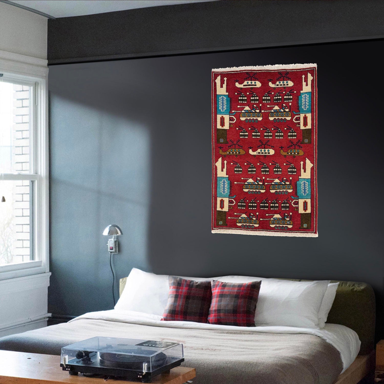 War Area Rug Handmade Red Riffle + Tank + Helicopter +
