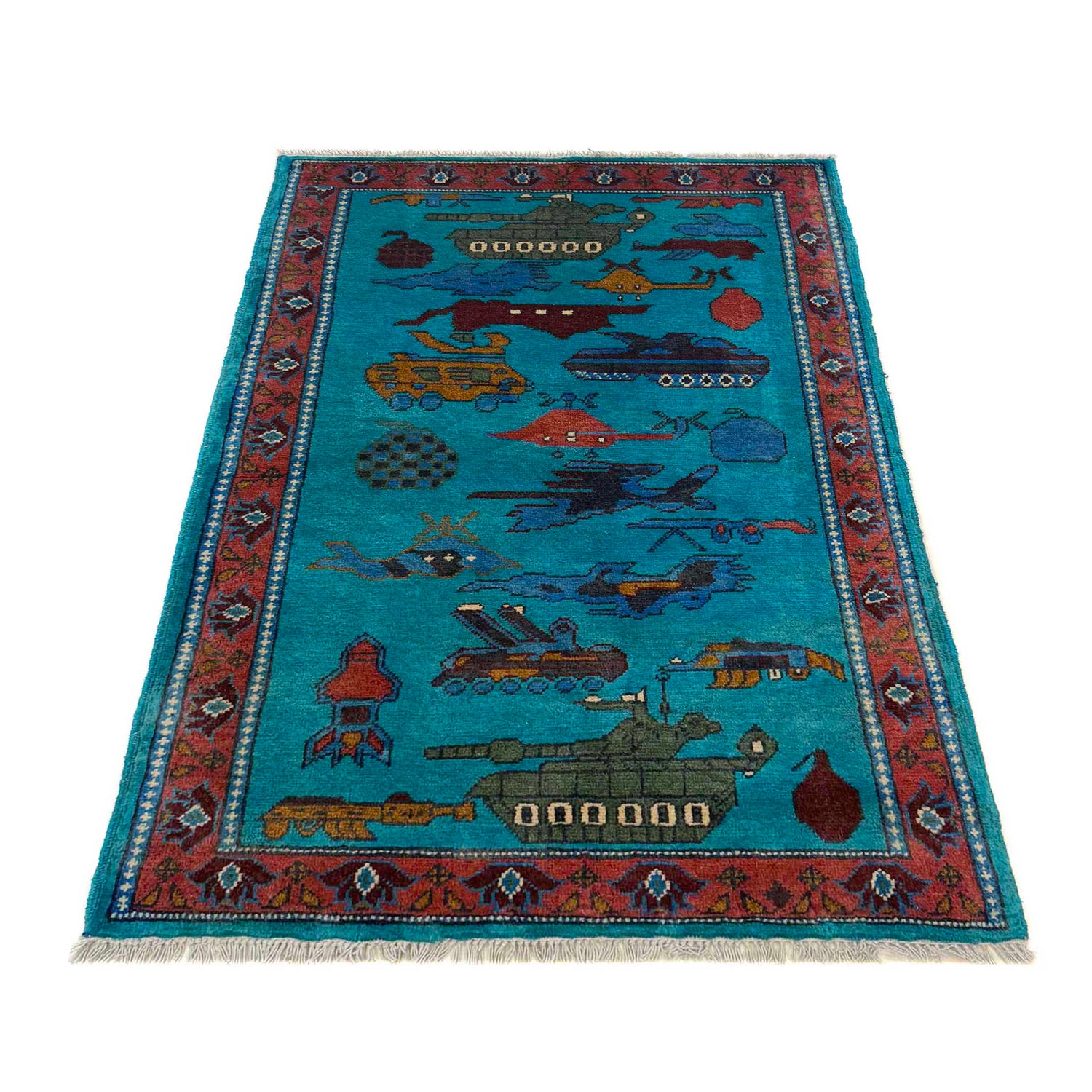 War Area Rug Handmade Blue Tank + Helicopter + Riffle 2x4 ft
