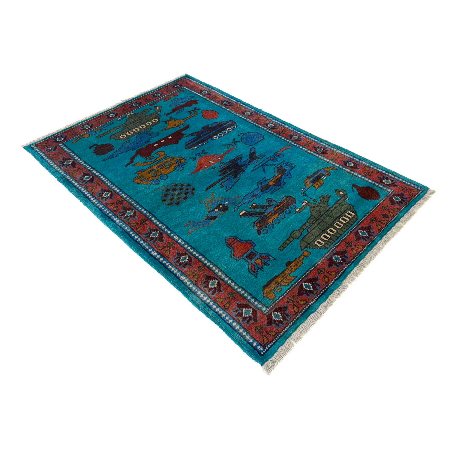 War Area Rug Handmade Blue Tank + Helicopter + Riffle 2x4 ft