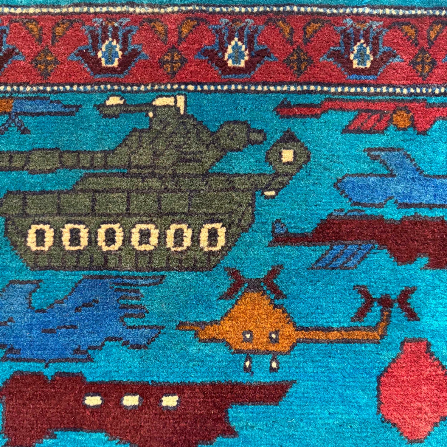 War Area Rug Handmade Blue Tank + Helicopter + Riffle 2x4 ft