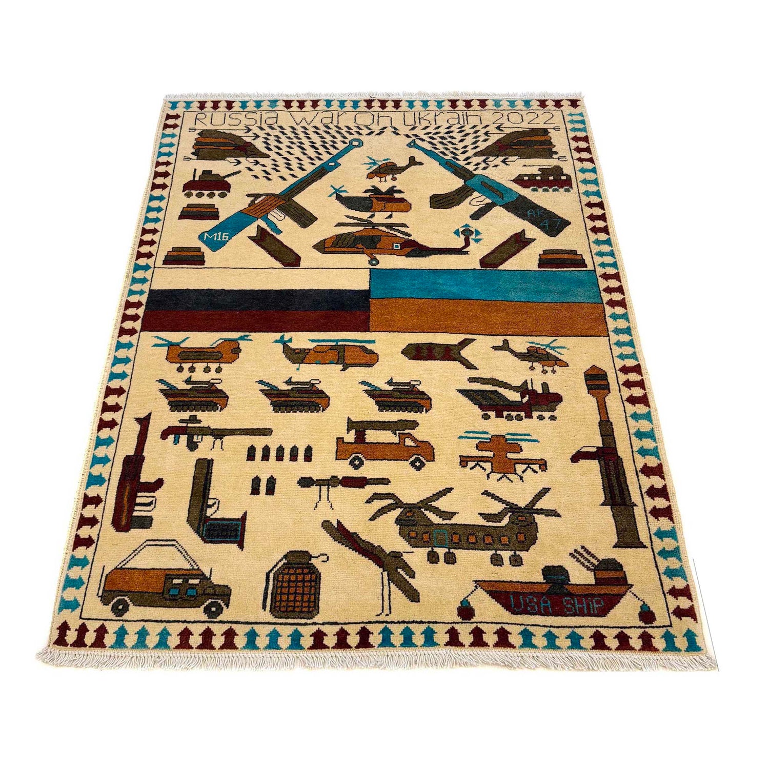 War Area Rug Handmade Beige Riffle + Tank + Helicopter +
