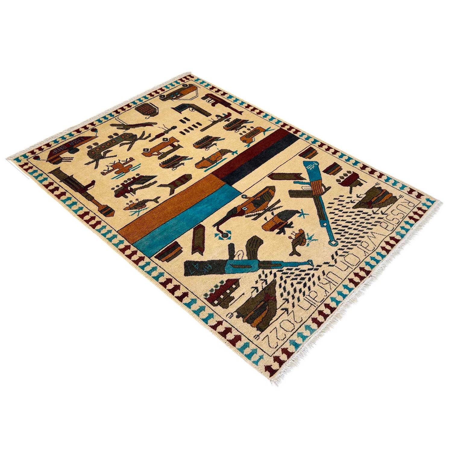 War Area Rug Handmade Beige Riffle + Tank + Helicopter +
