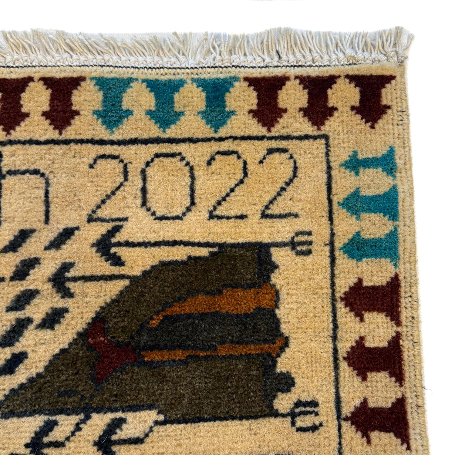 War Area Rug Handmade Beige Riffle + Tank + Helicopter +