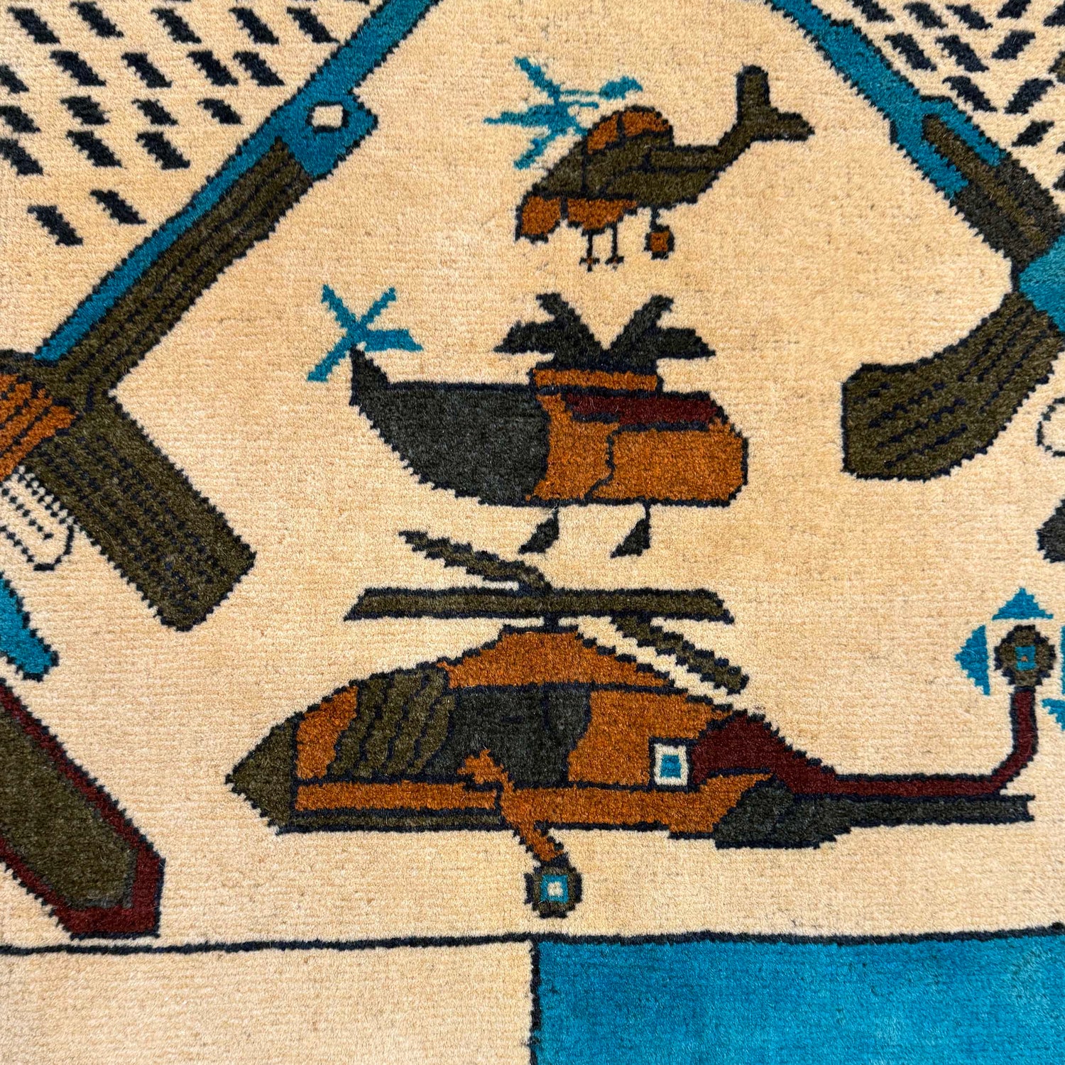 War Area Rug Handmade Beige Riffle + Tank + Helicopter +