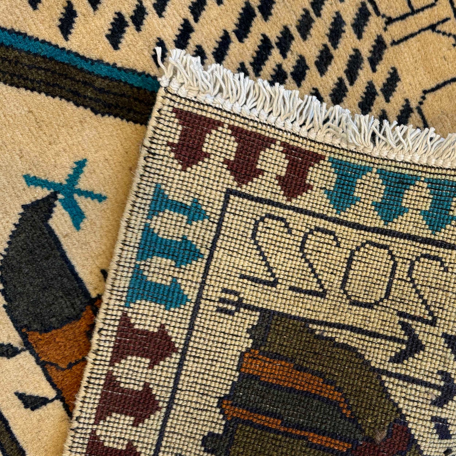 War Area Rug Handmade Beige Riffle + Tank + Helicopter +