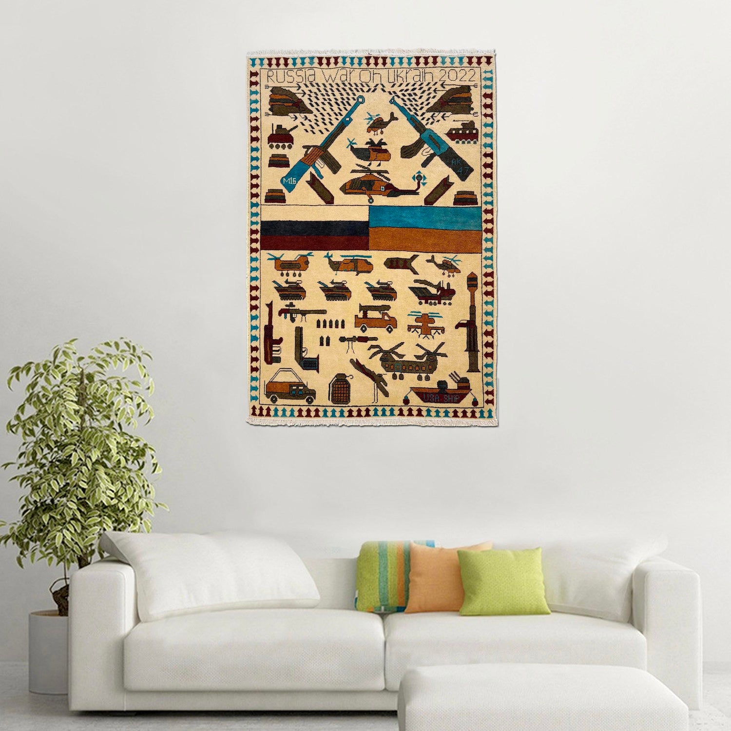 War Area Rug Handmade Beige Riffle + Tank + Helicopter +