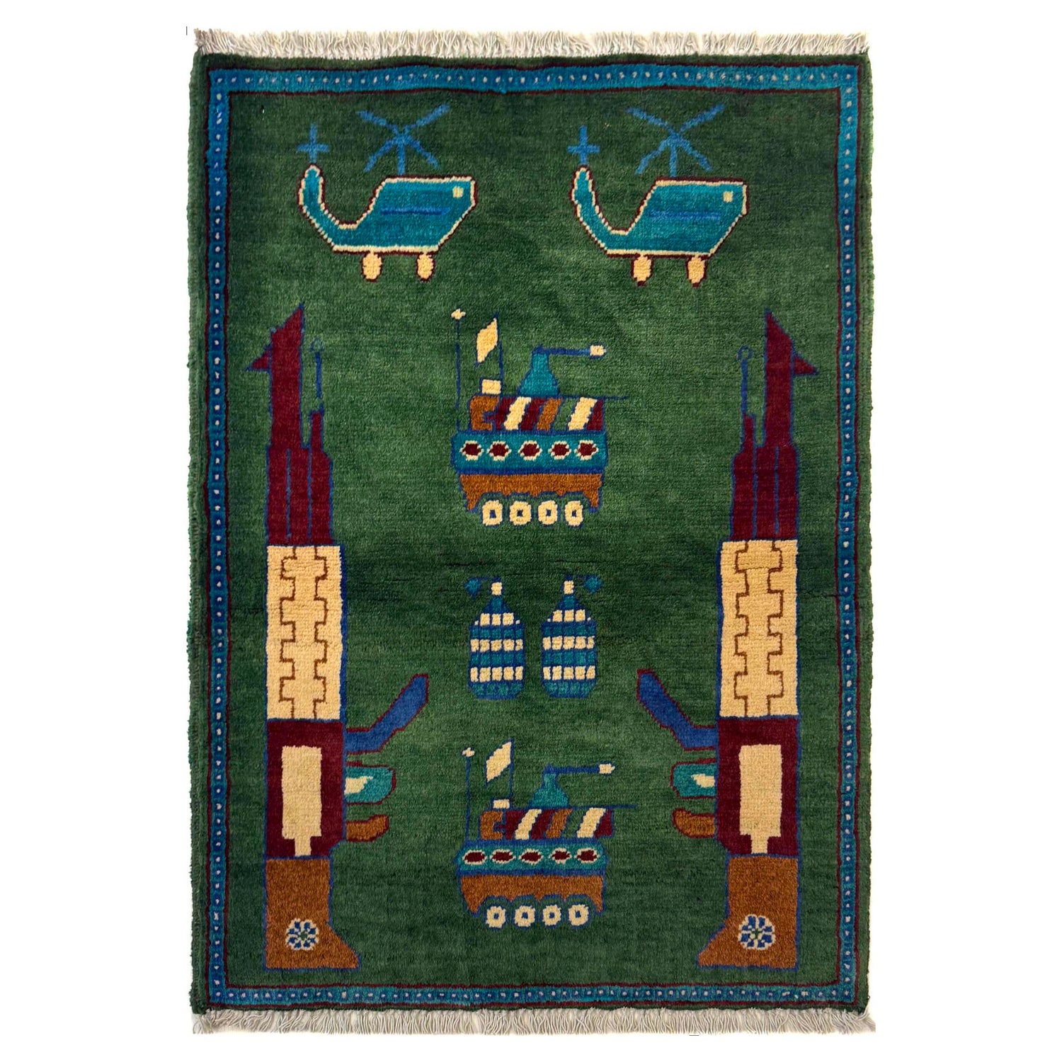 War Area Rug Handmade Green Riffle + Tank + Helicopter +