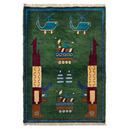 War Area Rug Handmade Green Riffle + Tank + Helicopter +
