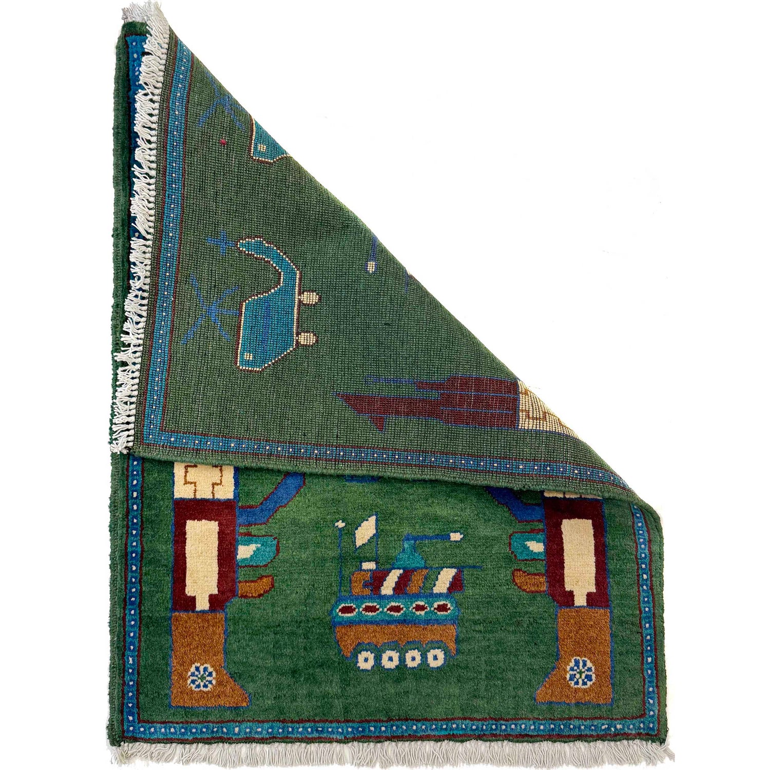 War Area Rug Handmade Green Riffle + Tank + Helicopter +