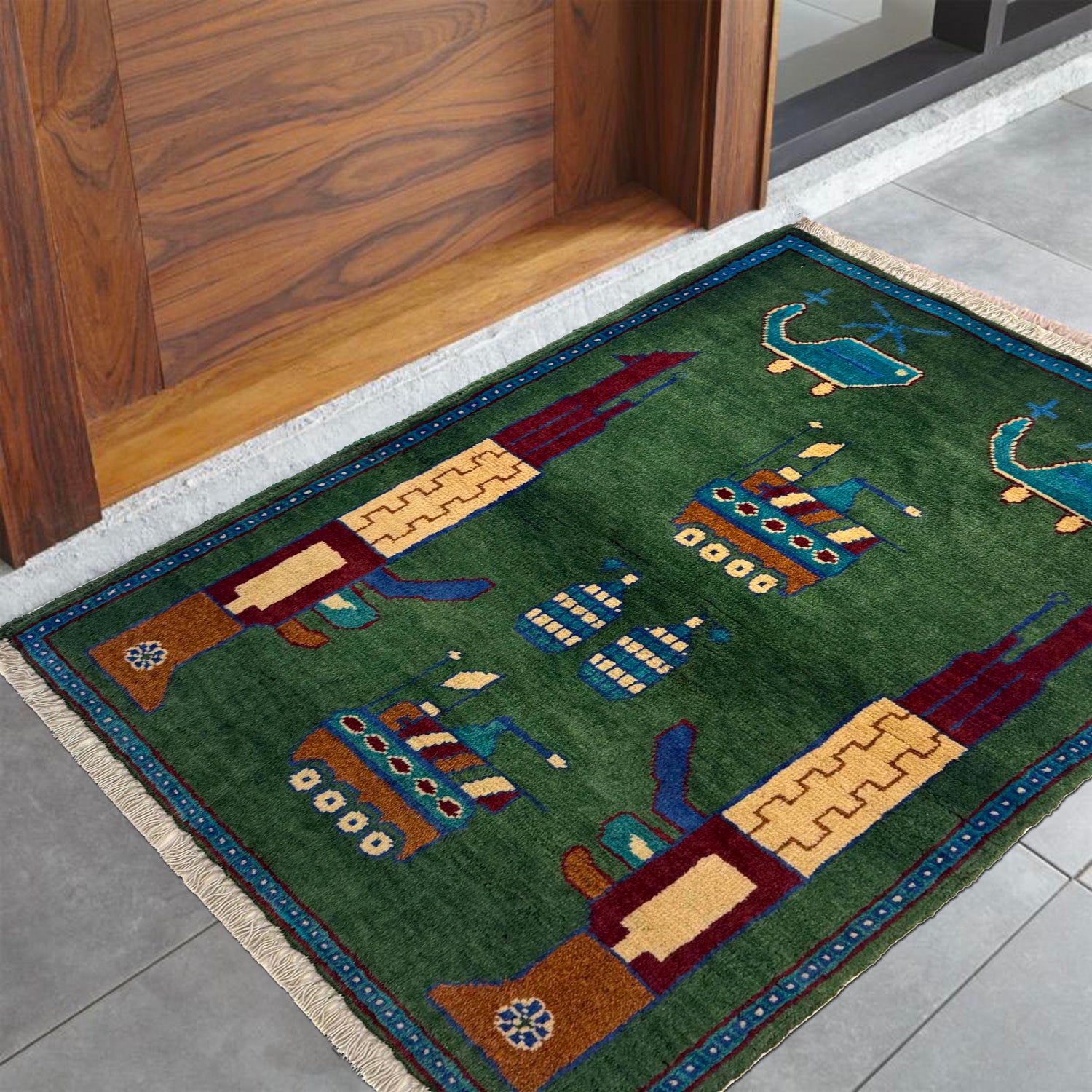 War Area Rug Handmade Green Riffle + Tank + Helicopter +
