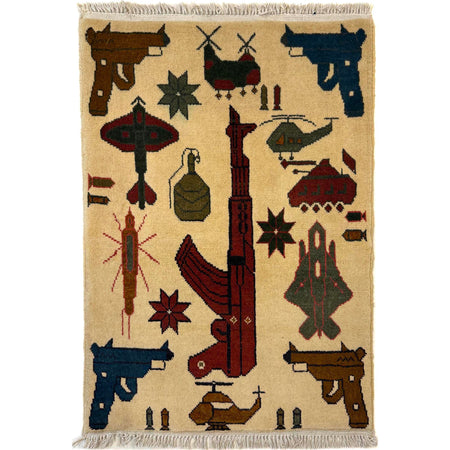War Area Rug Handmade Beige Riffle + Tank + Helicopter +