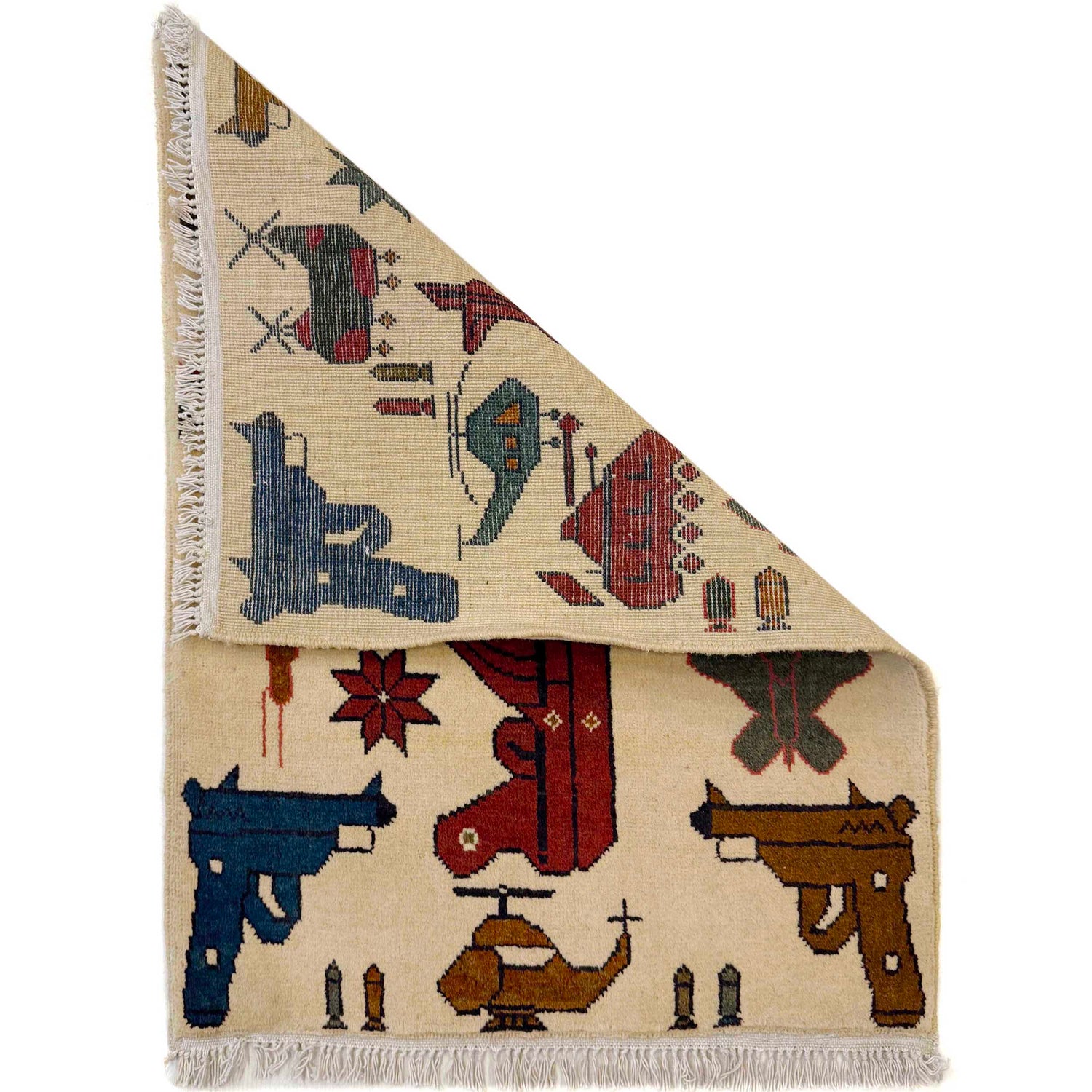 War Area Rug Handmade Beige Riffle + Tank + Helicopter +