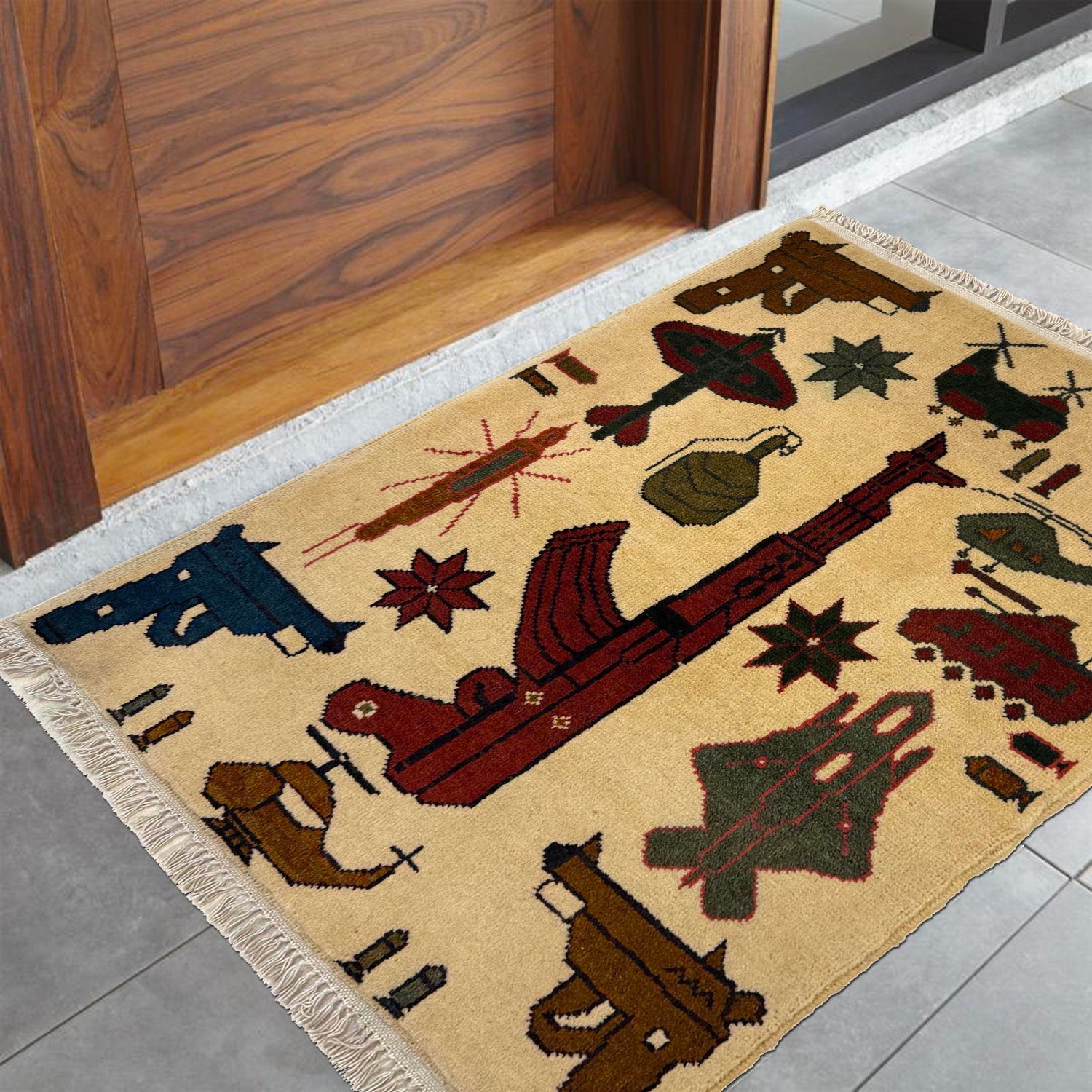 War Area Rug Handmade Beige Riffle + Tank + Helicopter +