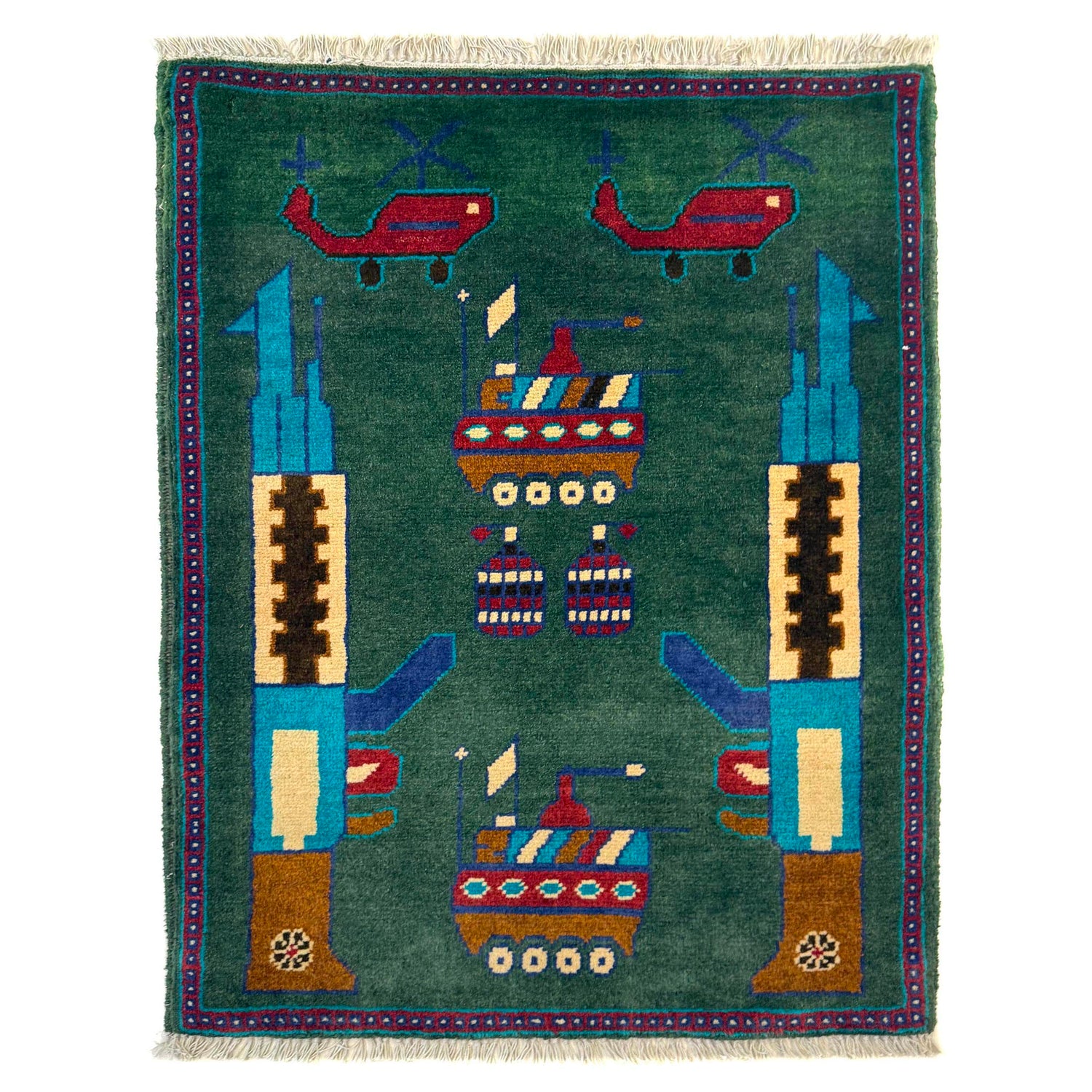 War Area Rug Handmade Green Riffle + Tank + Helicopter +